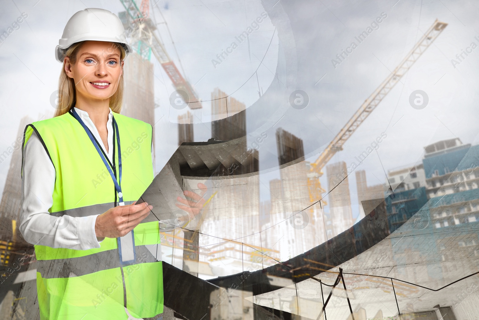 Engineer with clipboard and unfinished buildings, multiple exposure Image of Engineer with clipboard and unfinished buildings, multiple exposure