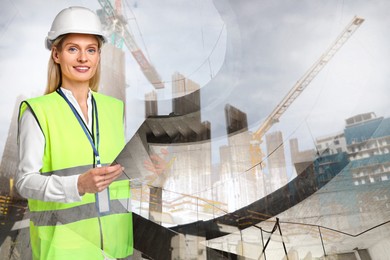 Image of Engineer with clipboard and unfinished buildings, multiple exposure