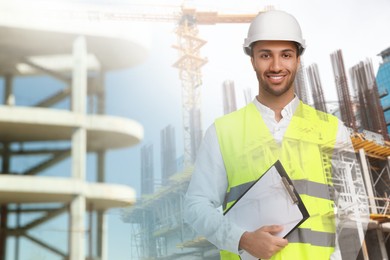 Image of Engineer with clipboard and unfinished buildings, multiple exposure