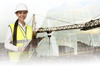 Image of Engineer with clipboard and unfinished buildings, multiple exposure