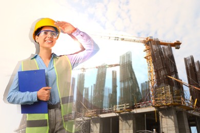 Image of Engineer with clipboard and unfinished building, double exposure