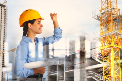 Image of Engineer with draft and unfinished buildings, multiple exposure