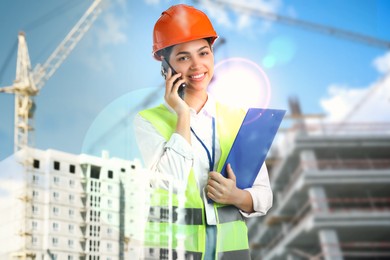 Image of Engineer with clipboard talking on phone and unfinished buildings, multiple exposure