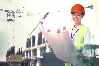 Image of Engineer with draft and unfinished building, double exposure