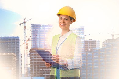 Image of Engineer with clipboard and unfinished buildings, double exposure