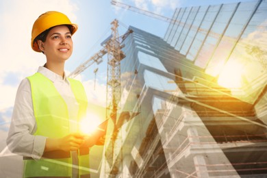 Image of Engineer with clipboard and unfinished buildings, multiple exposure