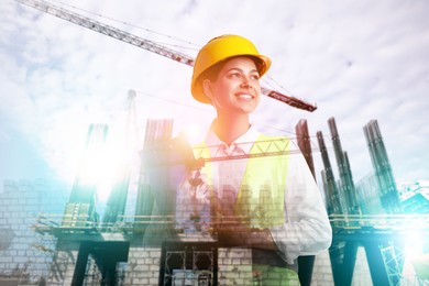 Image of Engineer with clipboard and unfinished buildings, multiple exposure