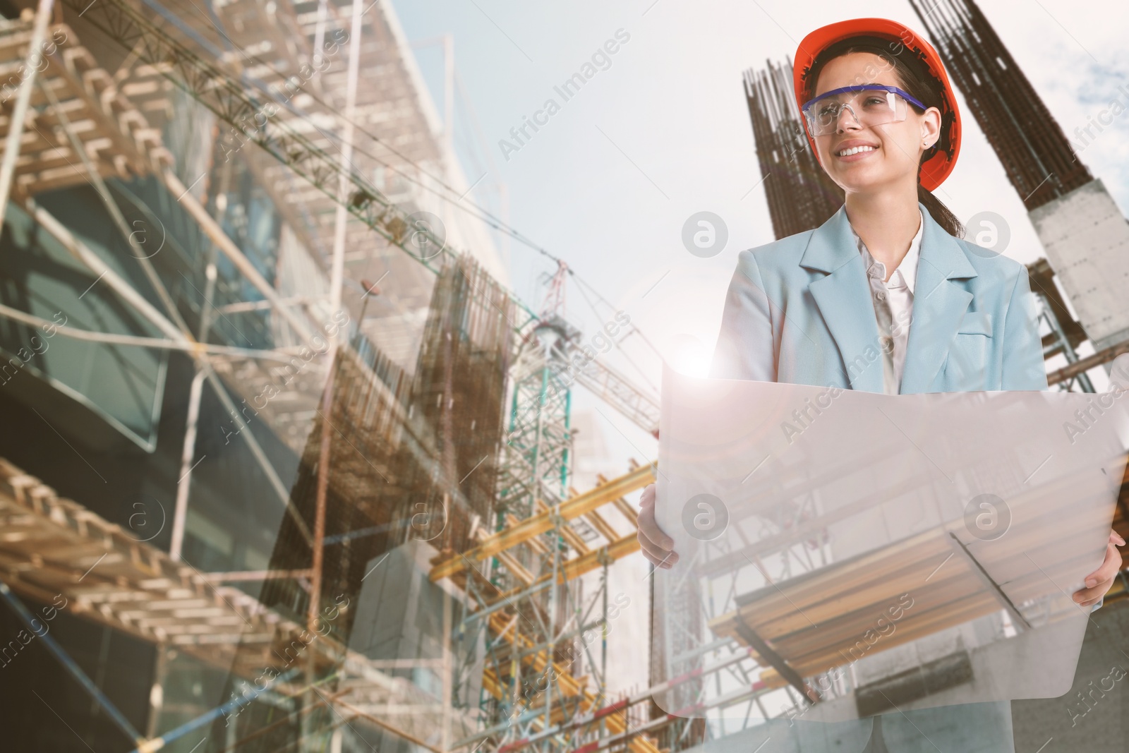 Engineer with draft and unfinished buildings, multiple exposure Image of Engineer with draft and unfinished buildings, multiple exposure