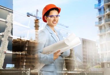 Image of Engineer with drafts and unfinished buildings, multiple exposure