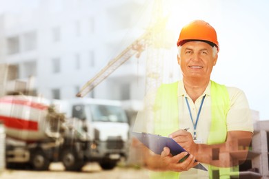 Image of Engineer with clipboard and unfinished buildings, multiple exposure