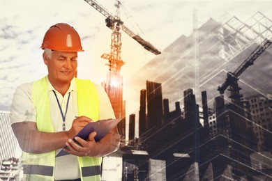 Image of Engineer with clipboard and unfinished buildings, multiple exposure