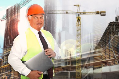 Image of Engineer with laptop and unfinished buildings, multiple exposure