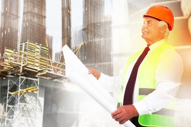 Image of Engineer with draft and unfinished buildings, multiple exposure