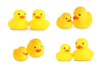 Image of Cute rubber ducks on white background, collage
