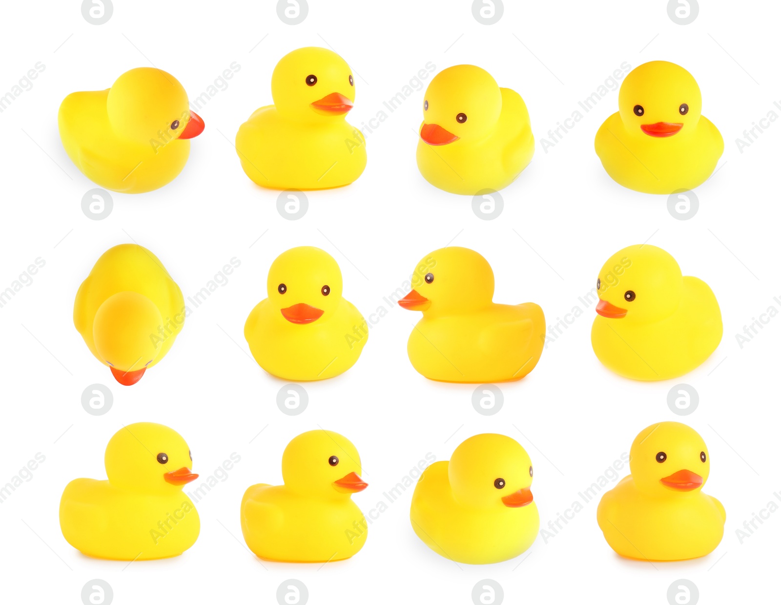 Image of Cute rubber ducks on white background, collage