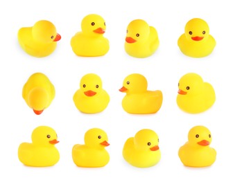 Image of Cute rubber ducks on white background, collage