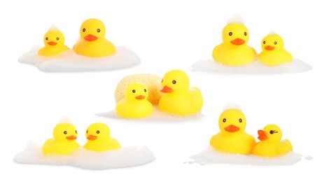 Image of Cute rubber ducks on white background, collage
