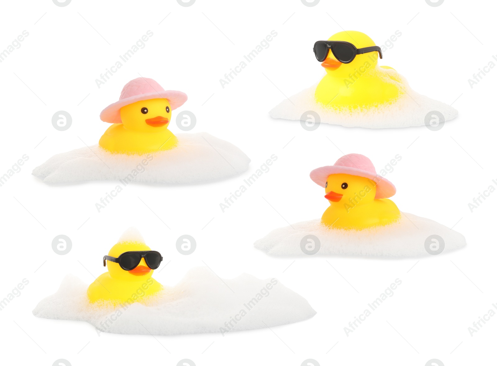 Cute rubber ducks on white background, collage Image of Cute rubber ducks on white background, collage