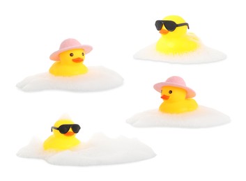 Image of Cute rubber ducks on white background, collage