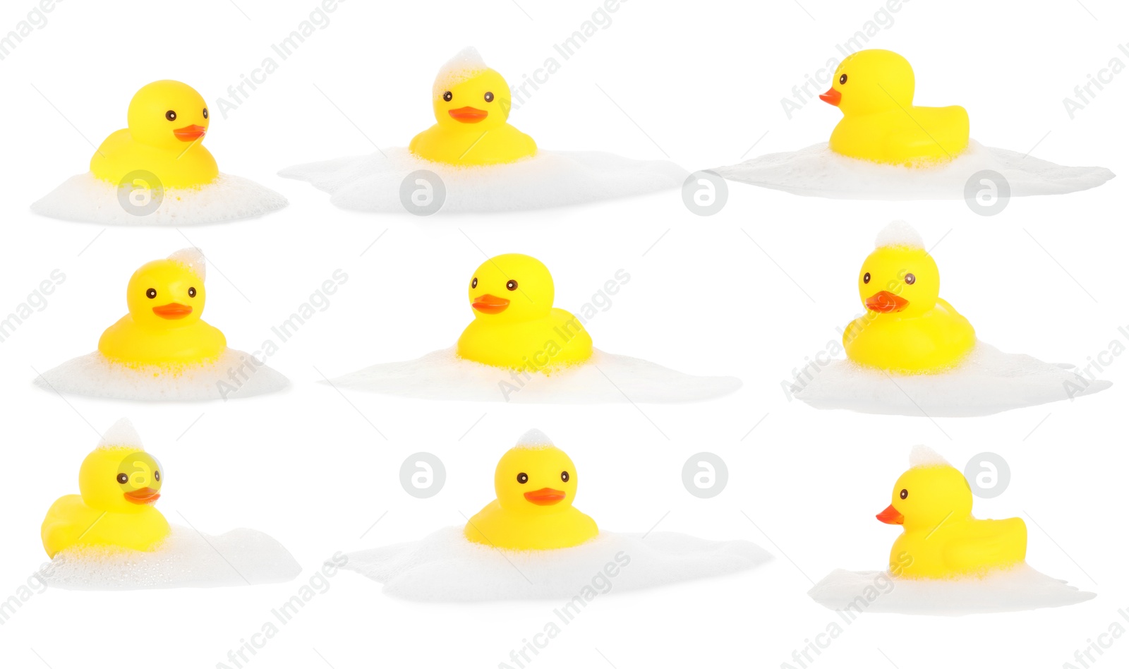 Cute rubber ducks on white background, collage Image of Cute rubber ducks on white background, collage