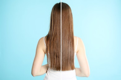 Image of Hair combing, straightening. Woman showing hairstyle before and after different procedures on light blue background, back view. Photo divided in halves