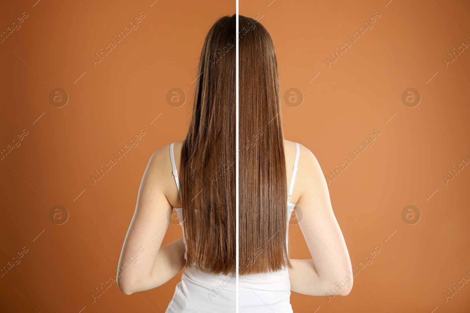 Image of Hair combing, straightening. Woman showing hairstyle before and after different procedures on brown background, back view. Photo divided in halves