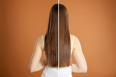 Image of Hair combing, straightening. Woman showing hairstyle before and after different procedures on brown background, back view. Photo divided in halves