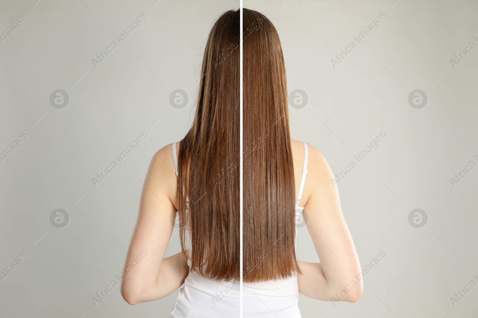 Image of Hair combing, straightening. Woman showing hairstyle before and after different procedures on light grey background, back view. Photo divided in halves