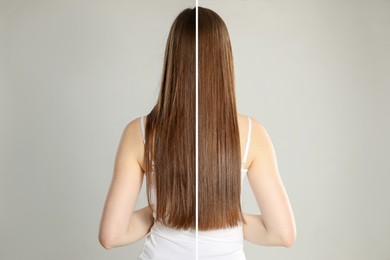 Image of Hair combing, straightening. Woman showing hairstyle before and after different procedures on light grey background, back view. Photo divided in halves