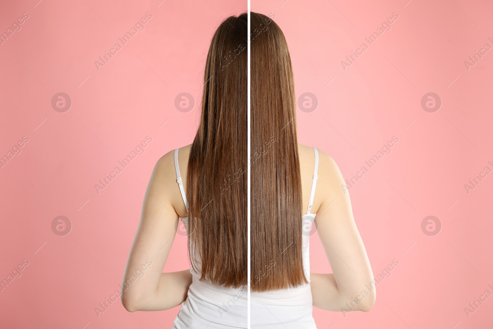 Hair combing, straightening. Woman showing hairstyle before and after different procedures on pink background, back view. Photo divided in halves Image of Hair combing, straightening. Woman showing hairstyle before and after different procedures on pink background, back view. Photo divided in halves