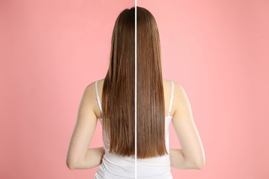 Image of Hair combing, straightening. Woman showing hairstyle before and after different procedures on pink background, back view. Photo divided in halves