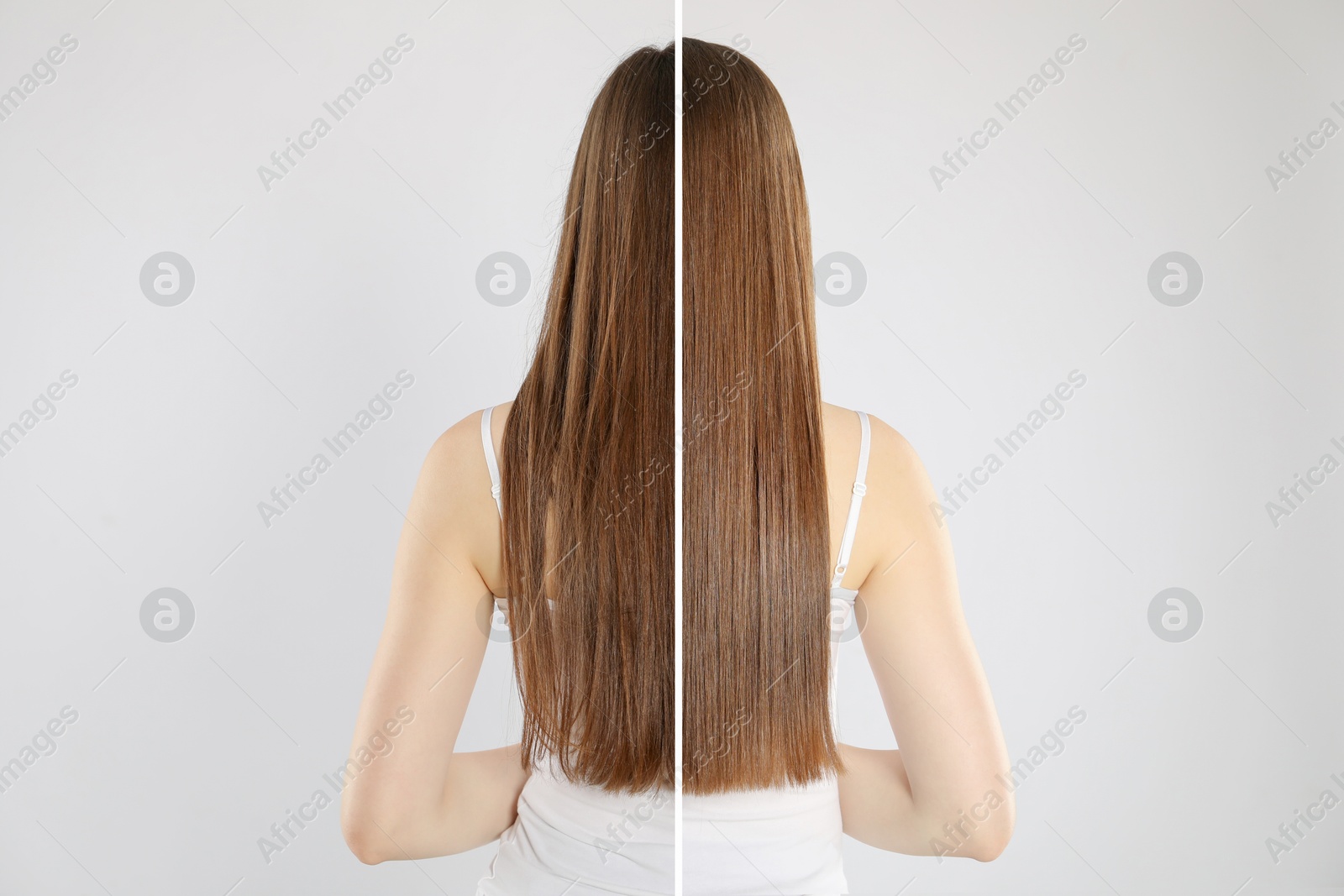 Hair combing, straightening. Woman showing hairstyle before and after different procedures on light grey background, back view. Photo divided in halves Image of Hair combing, straightening. Woman showing hairstyle before and after different procedures on light grey background, back view. Photo divided in halves