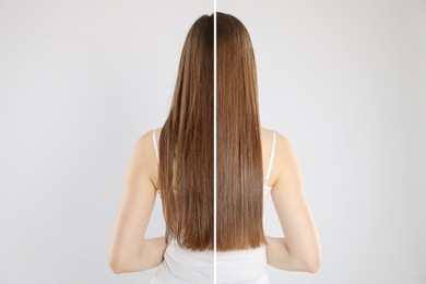 Image of Hair combing, straightening. Woman showing hairstyle before and after different procedures on light grey background, back view. Photo divided in halves