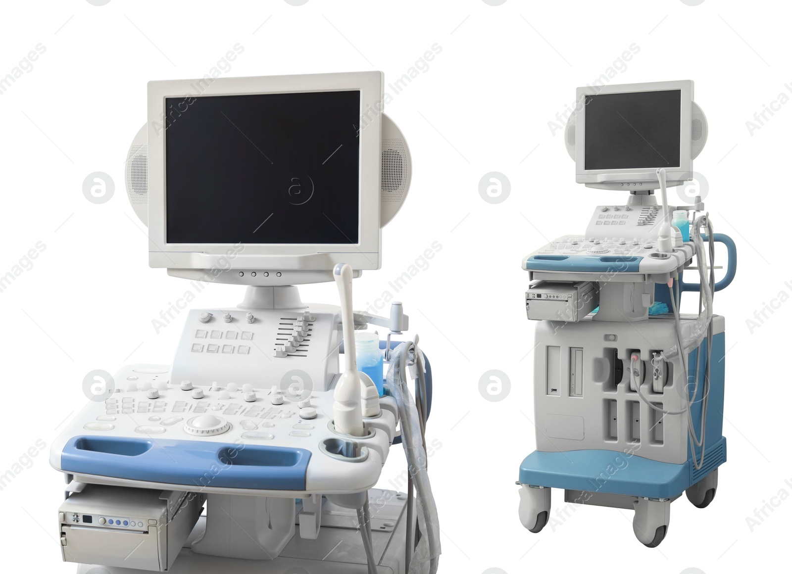 Ultrasound machine isolated on white, collage. Medical equipment Image of Ultrasound machine isolated on white, collage. Medical equipment