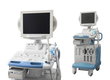 Image of Ultrasound machine isolated on white, collage. Medical equipment