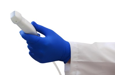 Image of Sonographer holding ultrasonic transducer on white background, closeup. Medical equipment
