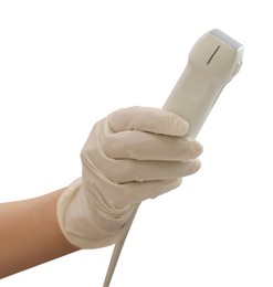 Image of Sonographer holding ultrasonic transducer on white background, closeup. Medical equipment