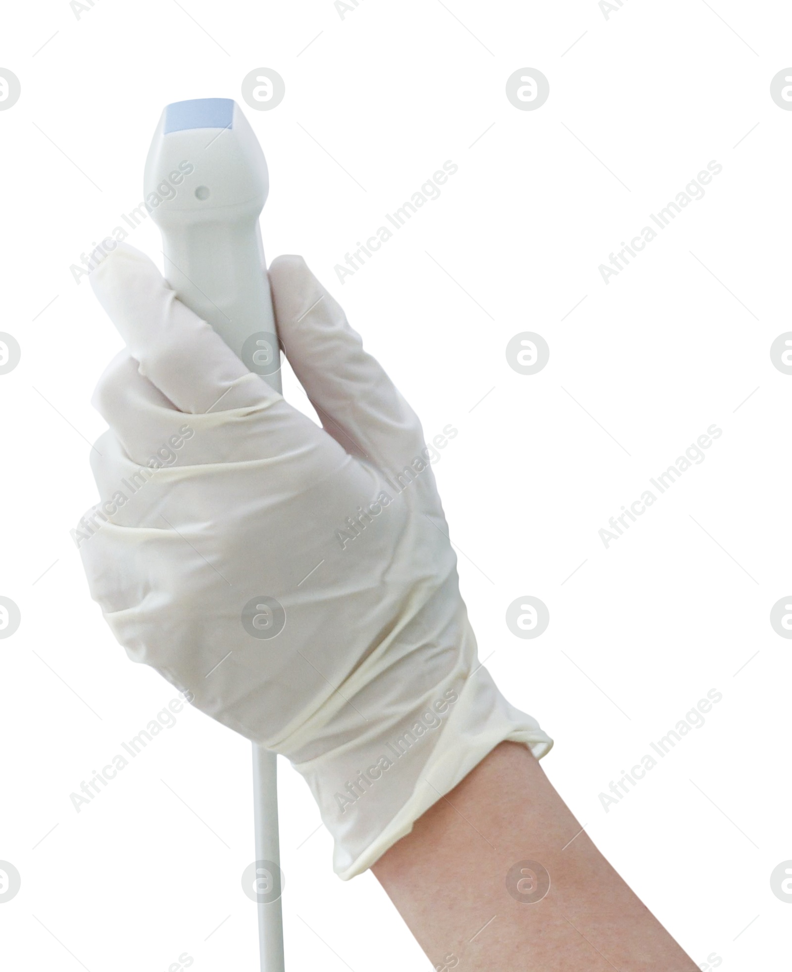 Sonographer holding ultrasonic transducer on white background, closeup. Medical equipment Image of Sonographer holding ultrasonic transducer on white background, closeup. Medical equipment