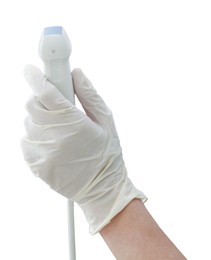 Image of Sonographer holding ultrasonic transducer on white background, closeup. Medical equipment