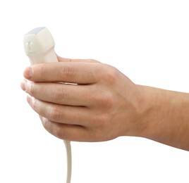 Image of Sonographer holding ultrasonic transducer on white background, closeup. Medical equipment