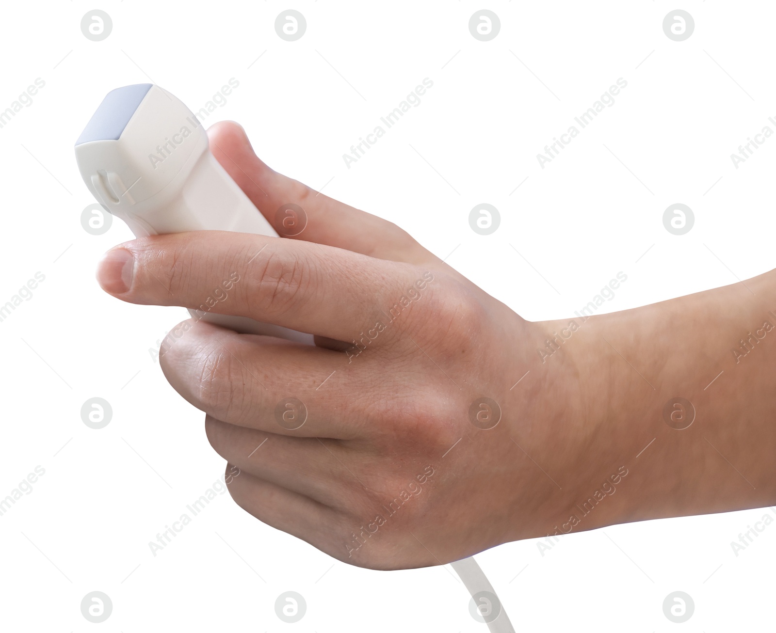 Sonographer holding ultrasonic transducer on white background, closeup. Medical equipment Image of Sonographer holding ultrasonic transducer on white background, closeup. Medical equipment