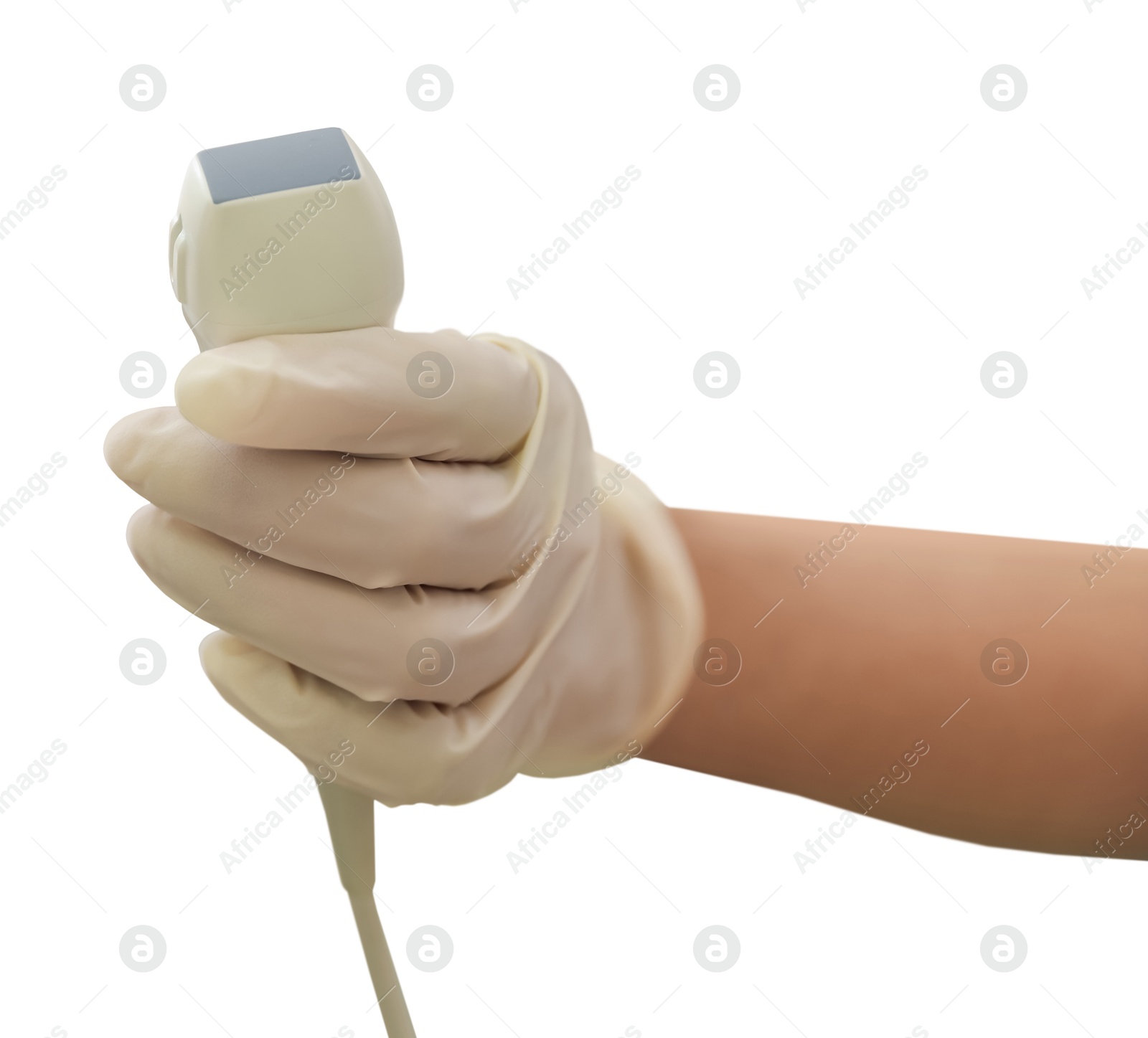 Sonographer holding ultrasonic transducer on white background, closeup. Medical equipment Image of Sonographer holding ultrasonic transducer on white background, closeup. Medical equipment