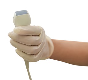 Image of Sonographer holding ultrasonic transducer on white background, closeup. Medical equipment
