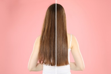 Image of Hair combing, straightening. Woman showing hairstyle before and after different procedures on pink background, back view. Photo divided in halves