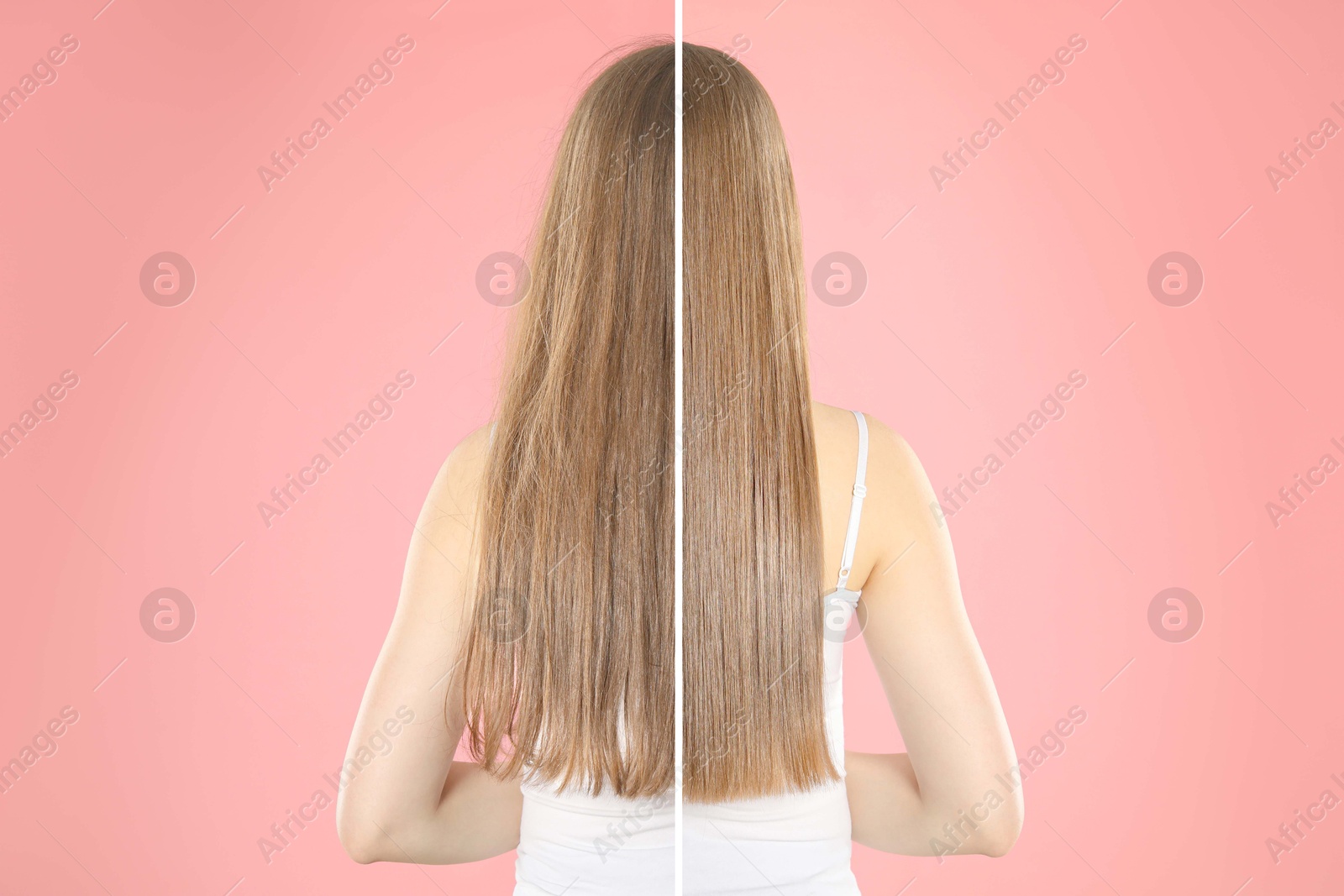 Image of Hair combing, straightening. Woman showing hairstyle before and after different procedures on pink background, back view. Photo divided in halves