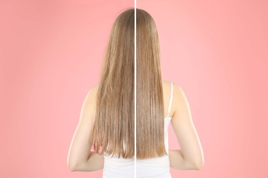 Image of Hair combing, straightening. Woman showing hairstyle before and after different procedures on pink background, back view. Photo divided in halves