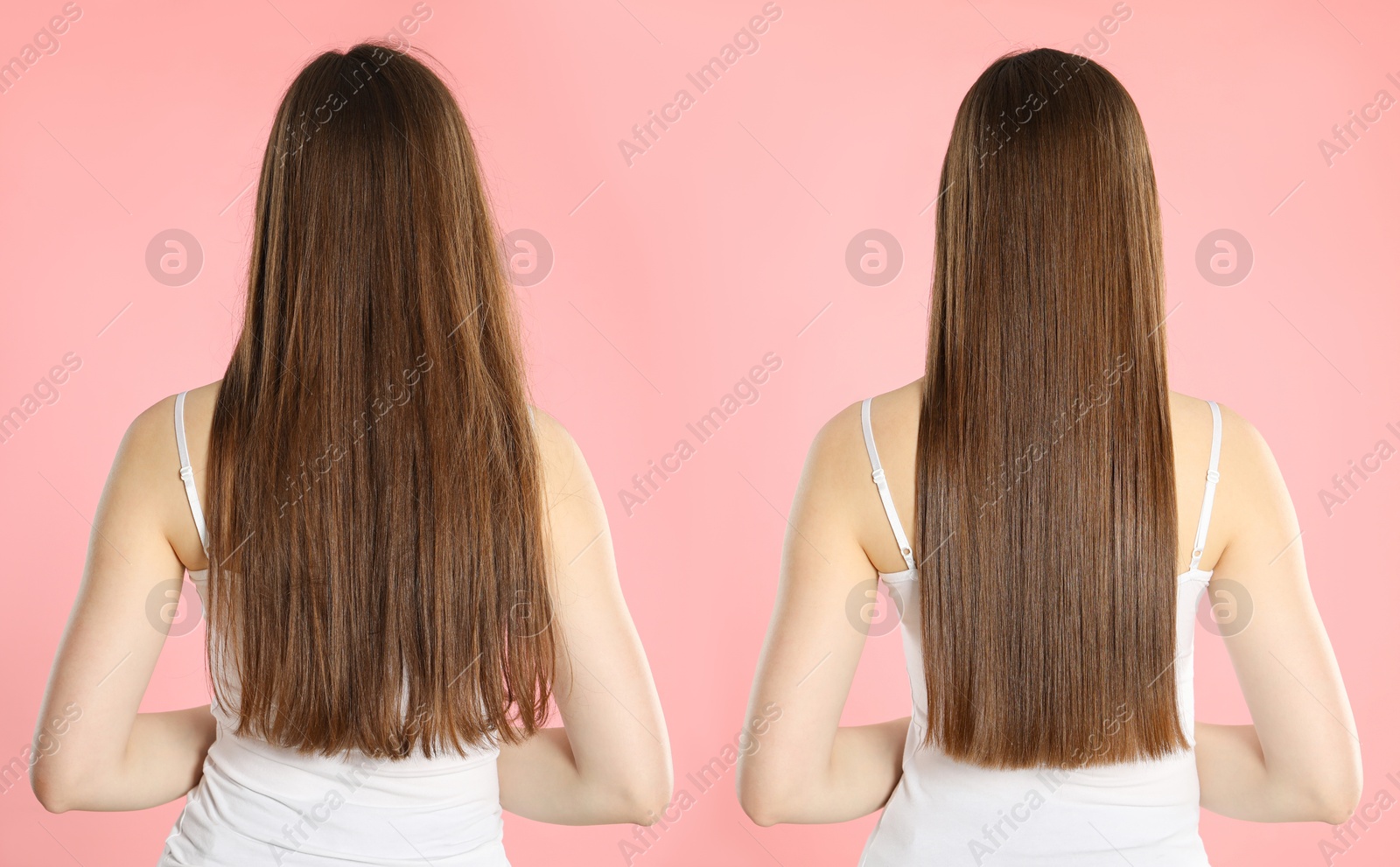 Image of Hair combing, straightening. Woman showing hairstyle before and after different procedures on pink background, back view. Collage of photos