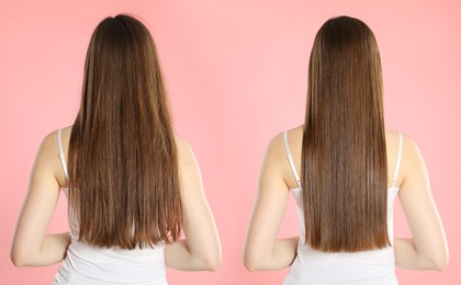 Image of Hair combing, straightening. Woman showing hairstyle before and after different procedures on pink background, back view. Collage of photos