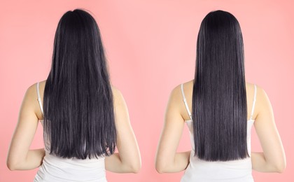 Image of Hair combing, straightening. Woman showing hairstyle before and after different procedures on pink background, back view. Collage of photos