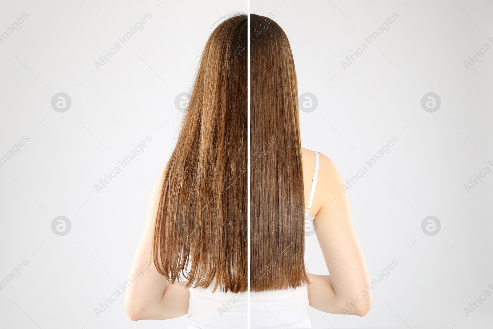 Hair combing, straightening. Woman showing hairstyle before and after different procedures on white background, back view. Photo divided in halves Image of Hair combing, straightening. Woman showing hairstyle before and after different procedures on white background, back view. Photo divided in halves